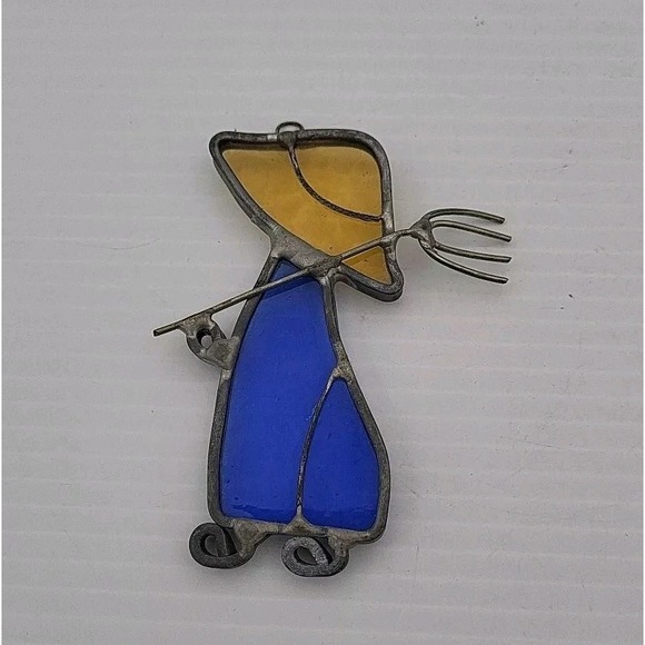 Unbranded Other - Vintage Stained Glass Suncatcher Farmer Pitchfork Blue Yellow Country Folk Art